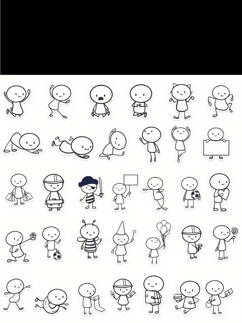 66pc Cute Stick Figure Stickers Black & White Cartoon Doodle Pack NEW - Picture 4 of 11